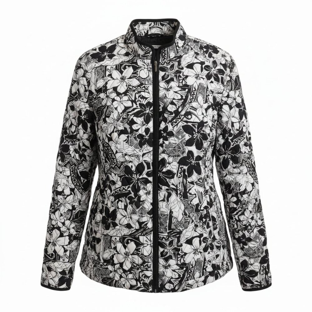 Requirements Black White Floral Zip Jacket Medium Lightweight Career Casual